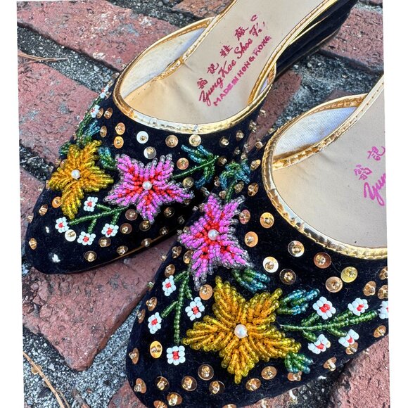 Vintage Jung Kee Beaded Velvet Mule Slides | Made in Hong Kong - Picture 2 of 11